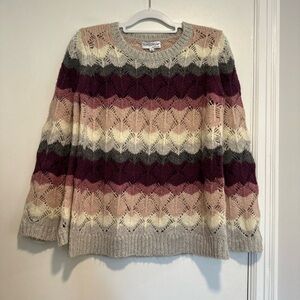 Northstyle women’s Sz: S Striped Open Knit Bell Sleeve Crew Neck Sweater.